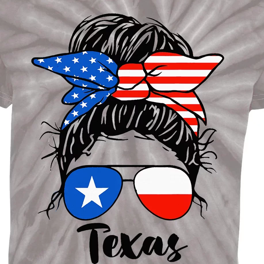 Texas State Flag Sunglasses Mom Messy Bun Hair Girl Kids Tie-Dye T-Shirt