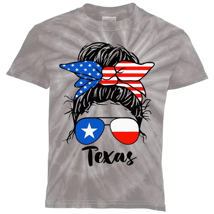 Texas State Flag Sunglasses Mom Messy Bun Hair Girl Kids Tie-Dye T-Shirt