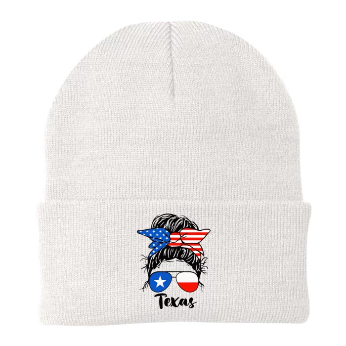 Texas State Flag Sunglasses Mom Messy Bun Hair Girl Knit Cap Winter Beanie