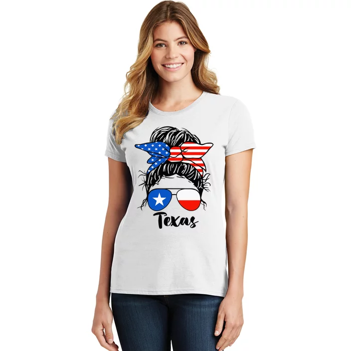 Texas State Flag Sunglasses Mom Messy Bun Hair Girl Women's T-Shirt