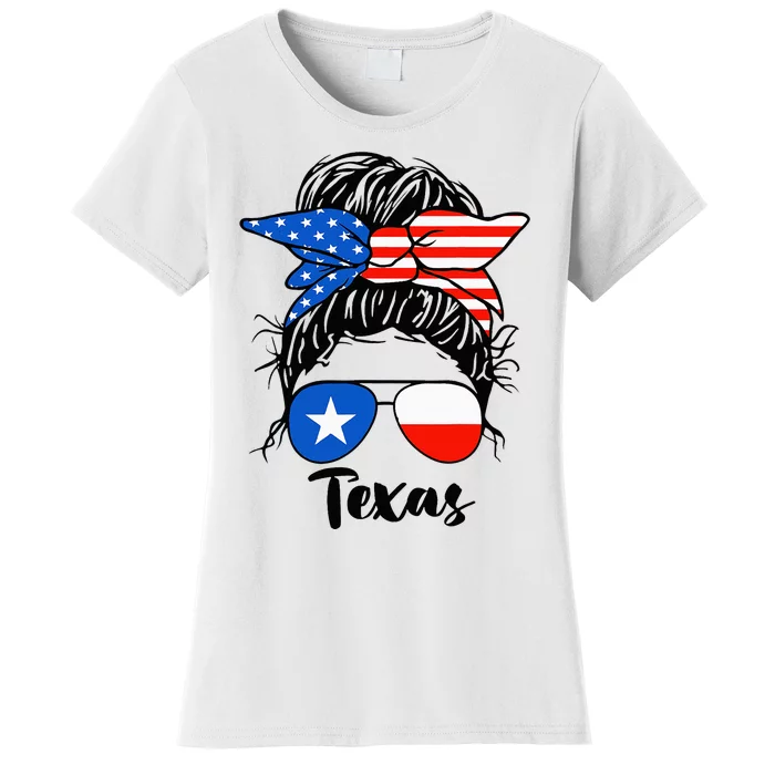 Texas State Flag Sunglasses Mom Messy Bun Hair Girl Women's T-Shirt