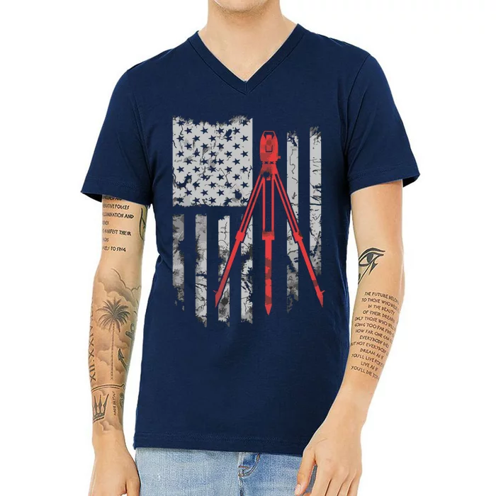 Tripod Survey Flag America 4th July Land Surveyor V-Neck T-Shirt