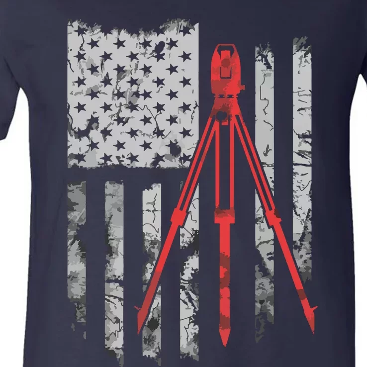 Tripod Survey Flag America 4th July Land Surveyor V-Neck T-Shirt