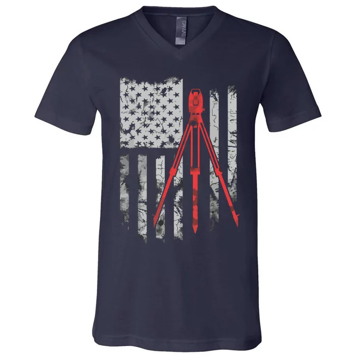 Tripod Survey Flag America 4th July Land Surveyor V-Neck T-Shirt