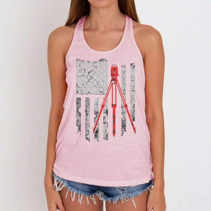 Tripod Survey Flag America 4th July Land Surveyor Women's Knotted Racerback Tank