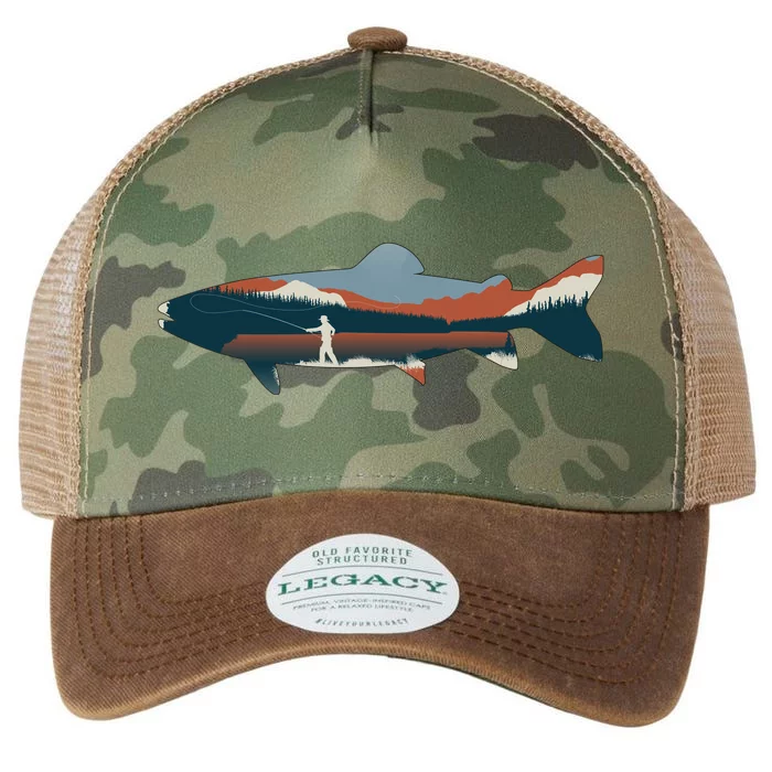 Trout Silhouette Fly Fishing Mountain Sunset Legacy Tie Dye Trucker Hat