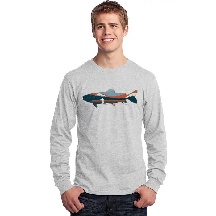 Trout Silhouette Fly Fishing Mountain Sunset Long Sleeve Shirt