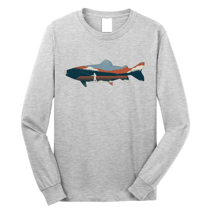 Trout Silhouette Fly Fishing Mountain Sunset Long Sleeve Shirt