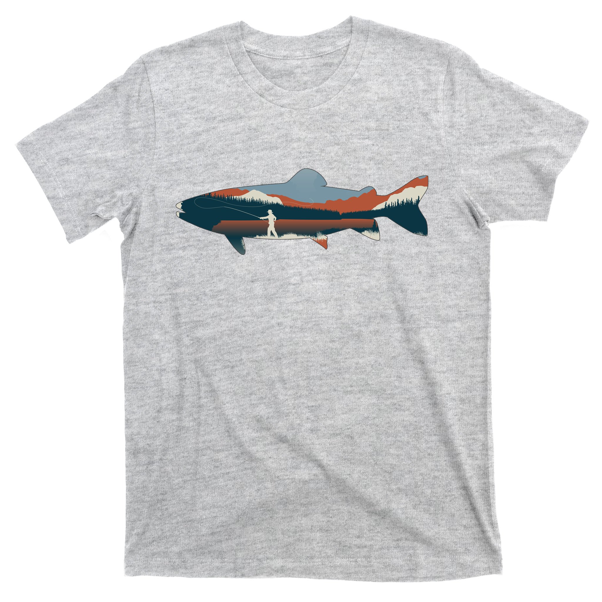Trout Silhouette Fly Fishing Mountain Sunset T-Shirt