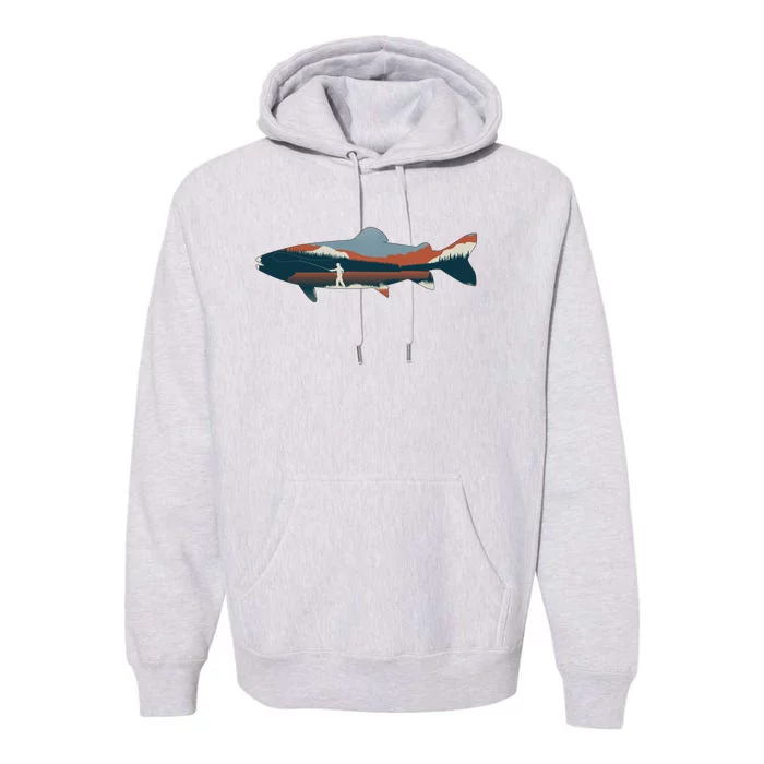 Trout Silhouette Fly Fishing Mountain Sunset Premium Hoodie