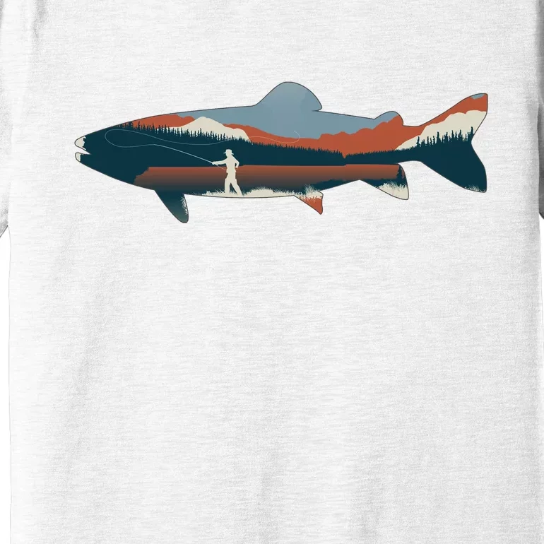 Trout Silhouette Fly Fishing Mountain Sunset Premium T-Shirt