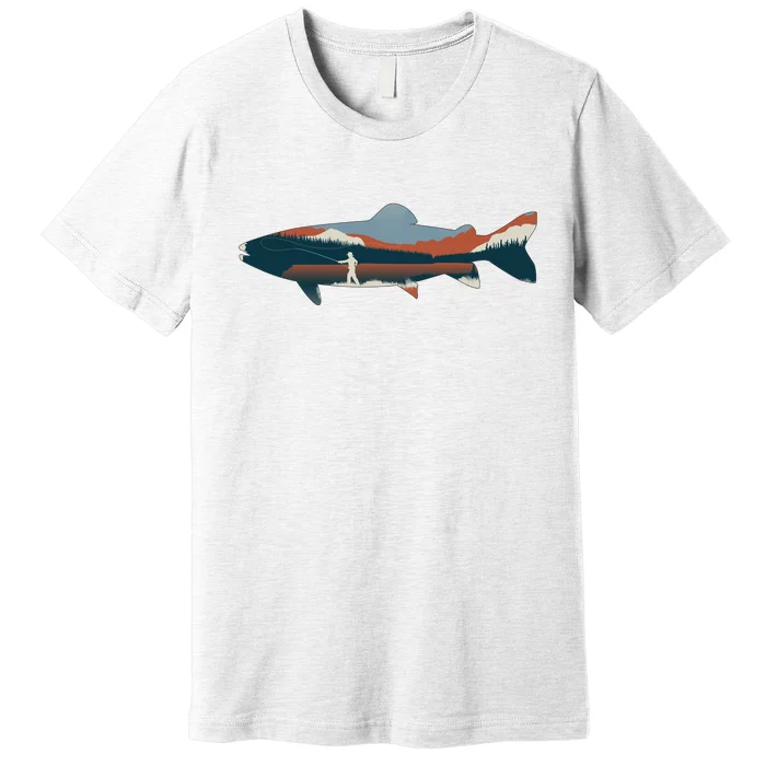 Trout Silhouette Fly Fishing Mountain Sunset Premium T-Shirt