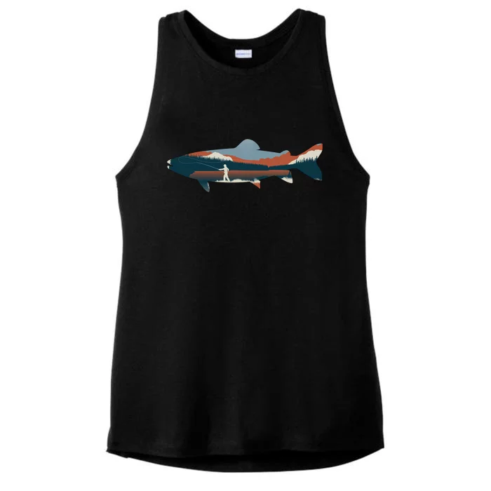 Trout Silhouette Fly Fishing Mountain Sunset Ladies Tri-Blend Wicking Tank