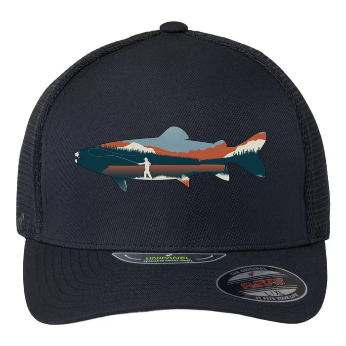 Trout Silhouette Fly Fishing Mountain Sunset Flexfit Unipanel Trucker Cap