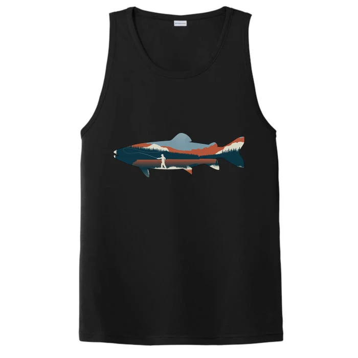 Trout Silhouette Fly Fishing Mountain Sunset Performance Tank