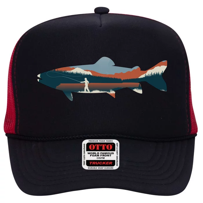 Trout Silhouette Fly Fishing Mountain Sunset High Crown Mesh Trucker Hat