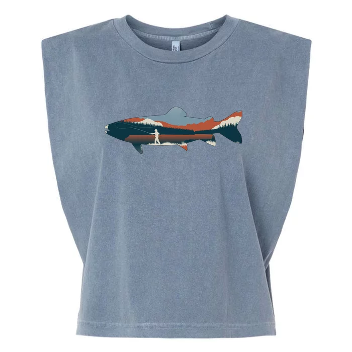 Trout Silhouette Fly Fishing Mountain Sunset Garment-Dyed Women's Muscle Tee