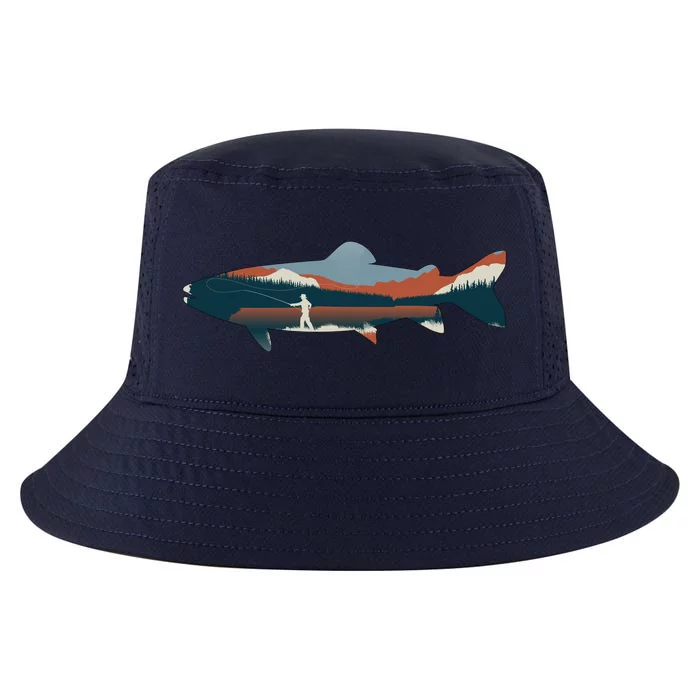 Trout Silhouette Fly Fishing Mountain Sunset Cool Comfort Performance Bucket Hat