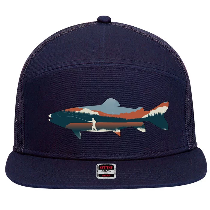 Trout Silhouette Fly Fishing Mountain Sunset 7 Panel Mesh Trucker Snapback Hat