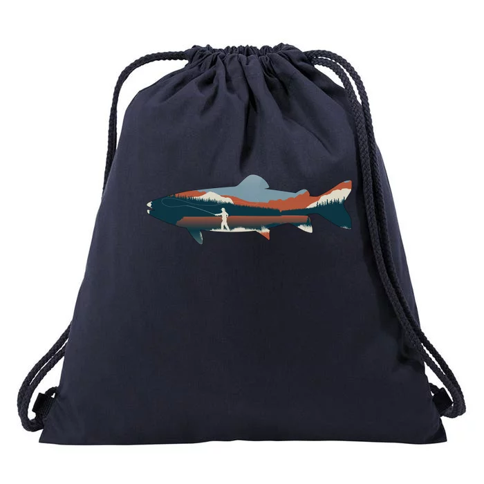 Trout Silhouette Fly Fishing Mountain Sunset Drawstring Bag