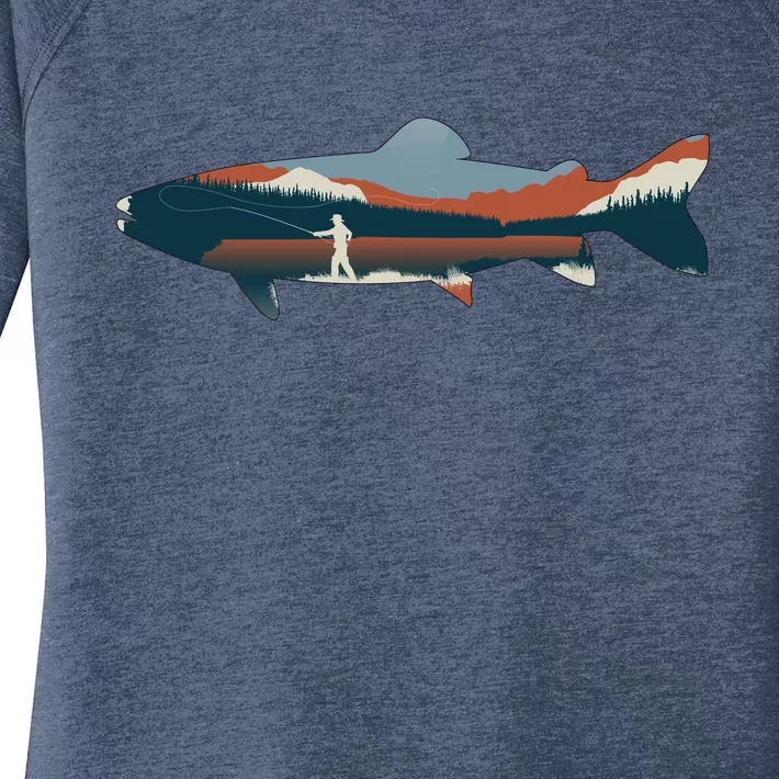 Trout Silhouette Fly Fishing Mountain Sunset Women's Perfect Tri Tunic Long Sleeve Shirt