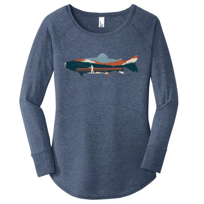 Trout Silhouette Fly Fishing Mountain Sunset Women's Perfect Tri Tunic Long Sleeve Shirt