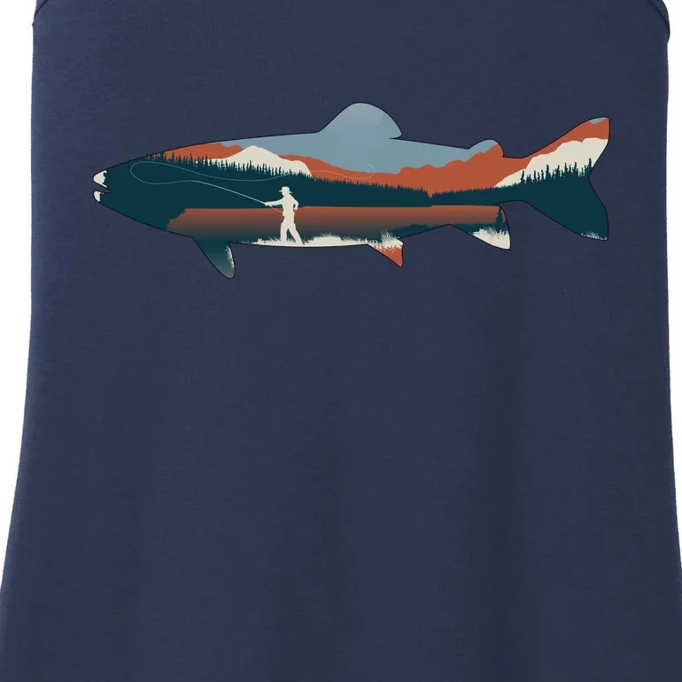 Trout Silhouette Fly Fishing Mountain Sunset Ladies Essential Tank