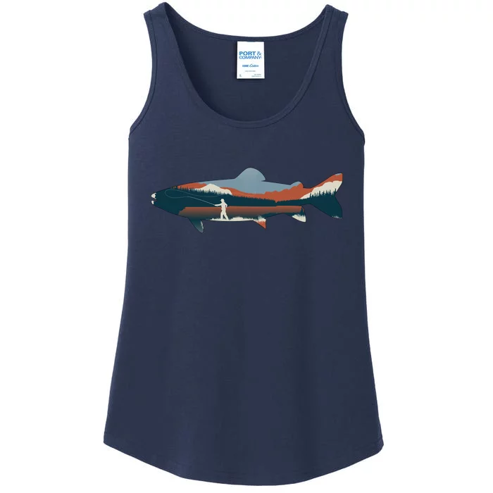 Trout Silhouette Fly Fishing Mountain Sunset Ladies Essential Tank