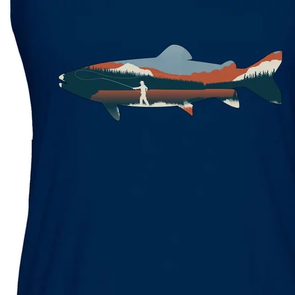 Trout Silhouette Fly Fishing Mountain Sunset Ladies Essential Flowy Tank