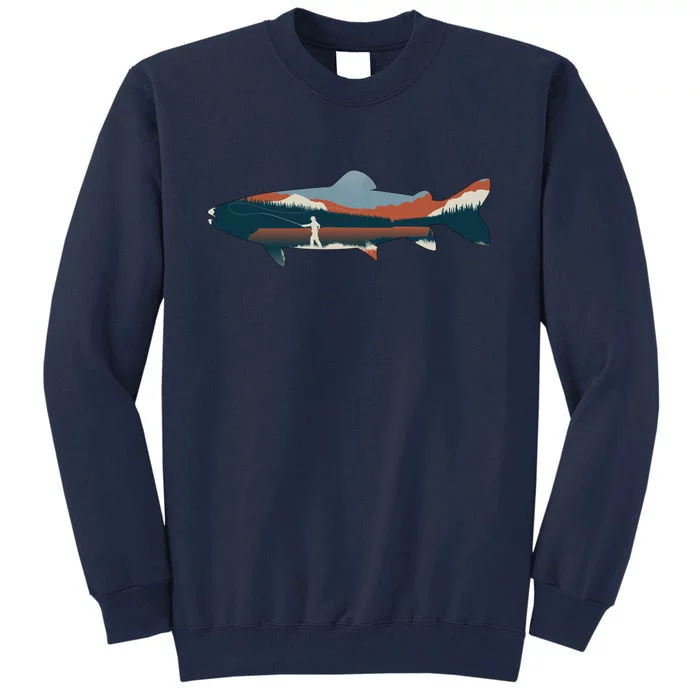 Trout Silhouette Fly Fishing Mountain Sunset Tall Sweatshirt