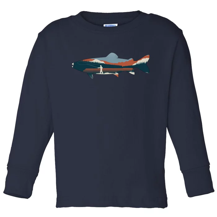 Trout Silhouette Fly Fishing Mountain Sunset Toddler Long Sleeve Shirt