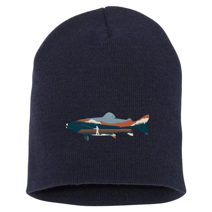 Trout Silhouette Fly Fishing Mountain Sunset Short Acrylic Beanie