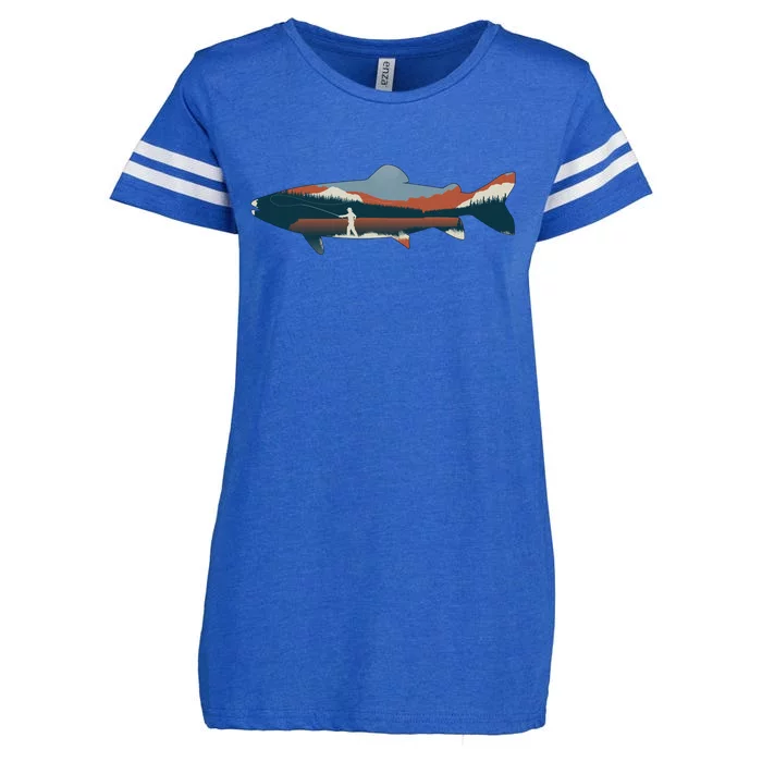 Trout Silhouette Fly Fishing Mountain Sunset Enza Ladies Jersey Football T-Shirt