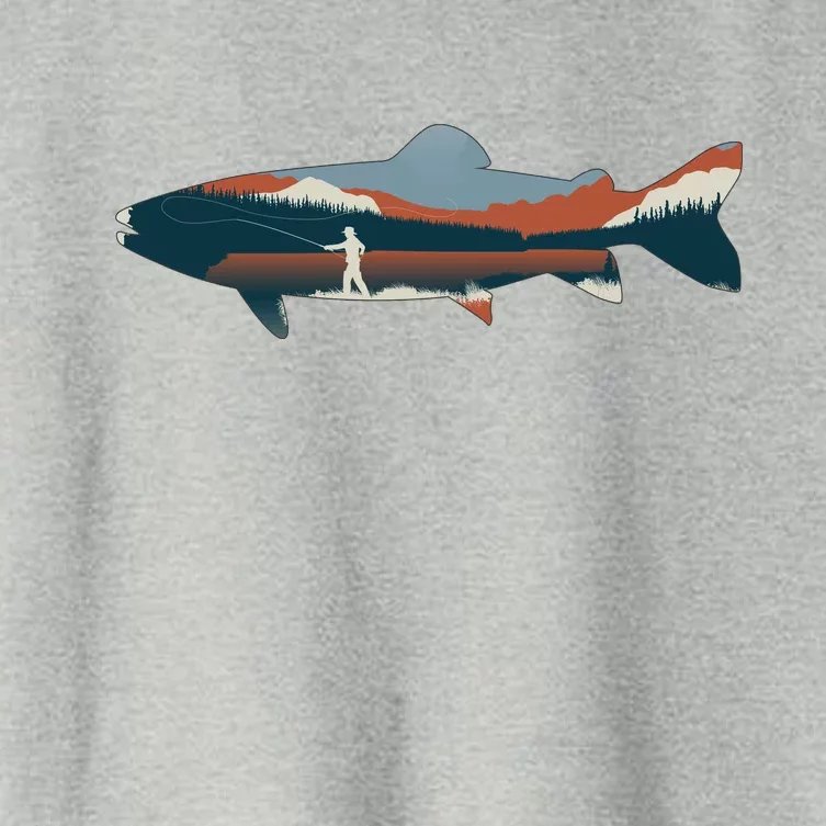 Trout Silhouette Fly Fishing Mountain Sunset Women's Crop Top Tee