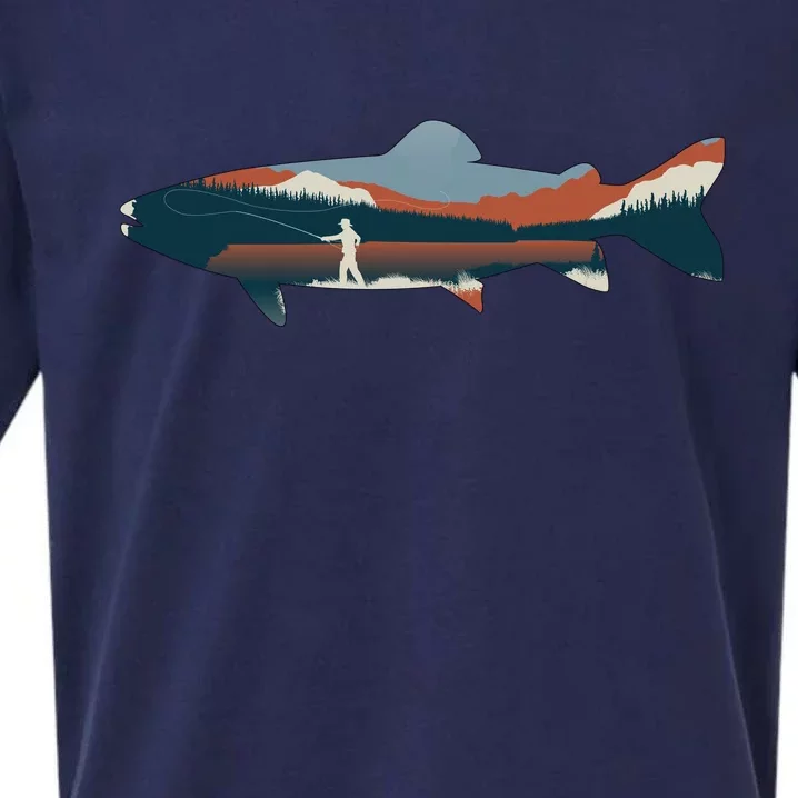 Trout Silhouette Fly Fishing Mountain Sunset Sueded Cloud Jersey T-Shirt