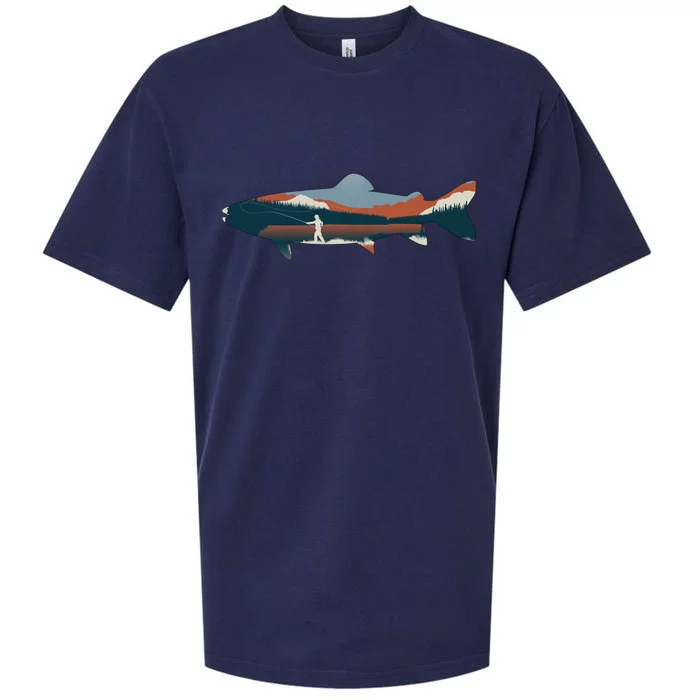 Trout Silhouette Fly Fishing Mountain Sunset Sueded Cloud Jersey T-Shirt