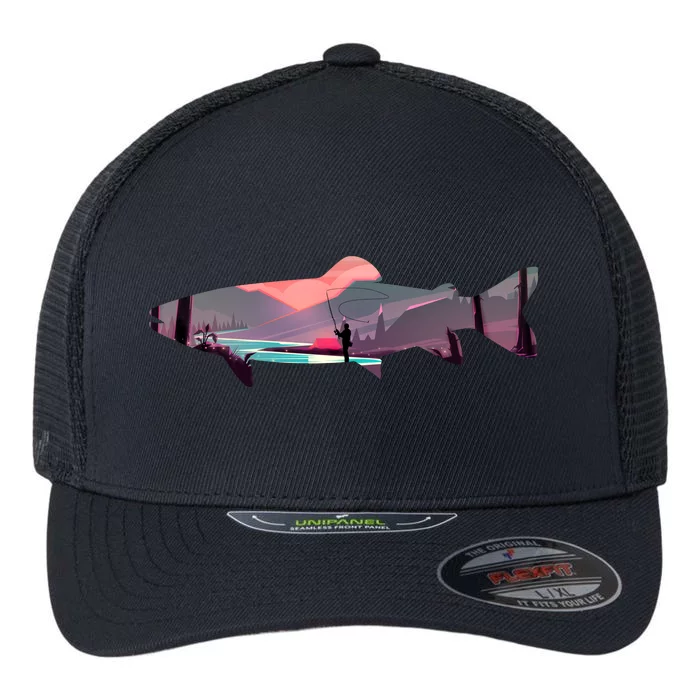 Trout Silhouette Fly Fishing Mountain Sunset River Stream Flexfit Unipanel Trucker Cap