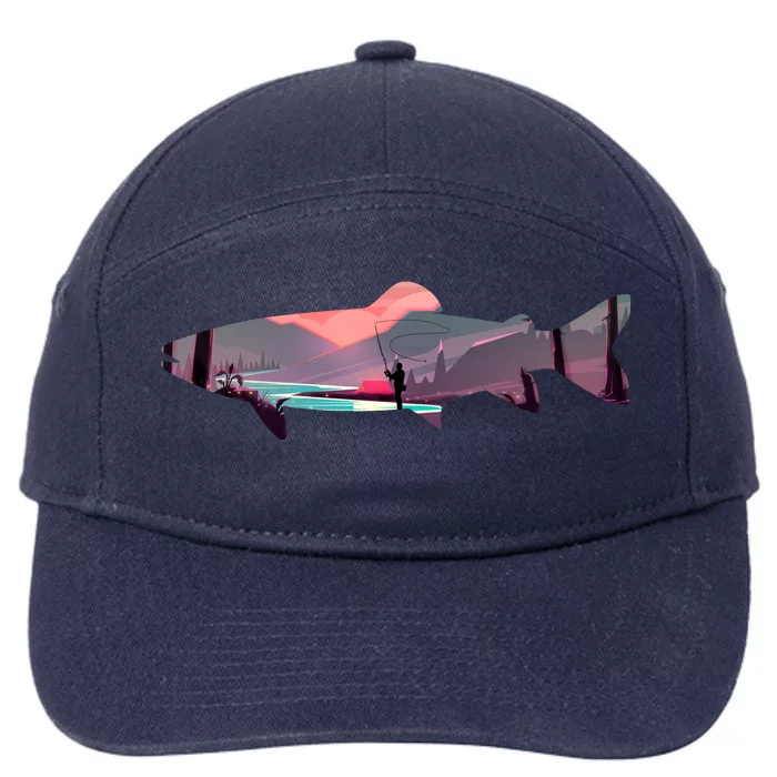 Trout Silhouette Fly Fishing Mountain Sunset River Stream 7-Panel Snapback Hat