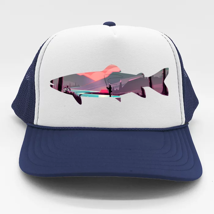 Trout Silhouette Fly Fishing Mountain Sunset River Stream Trucker Hat