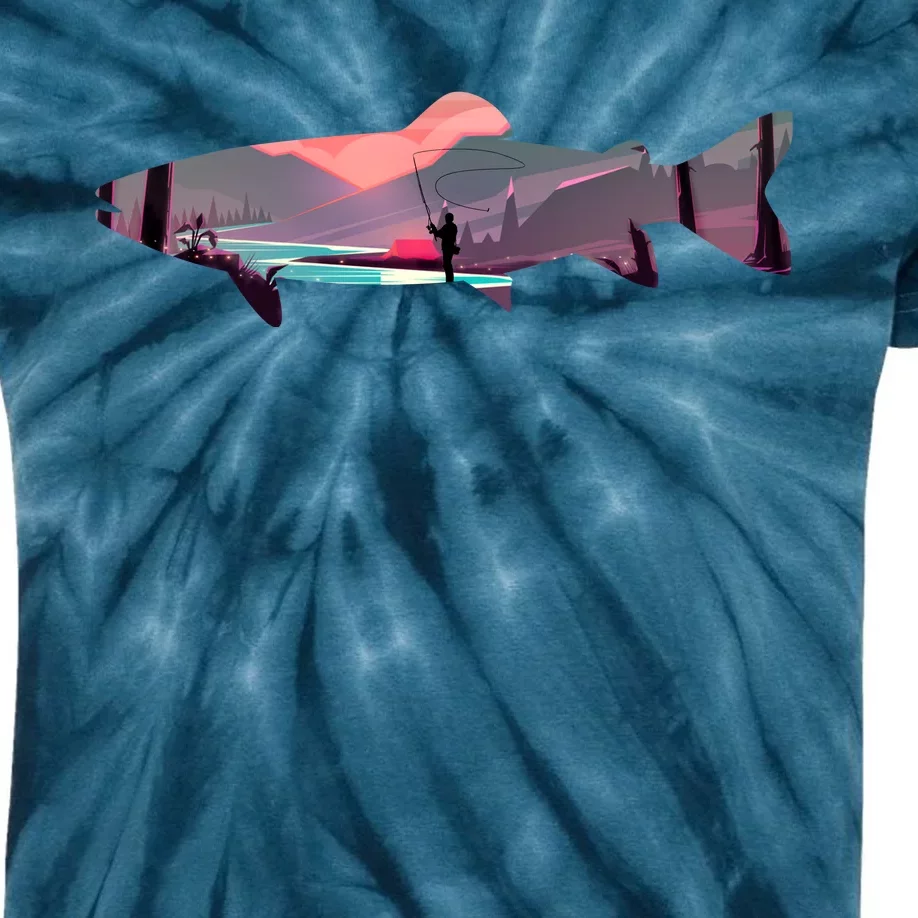 Trout Silhouette Fly Fishing Mountain Sunset River Stream Kids Tie-Dye T-Shirt