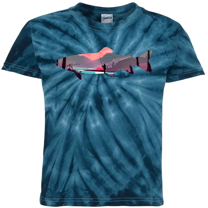 Trout Silhouette Fly Fishing Mountain Sunset River Stream Kids Tie-Dye T-Shirt