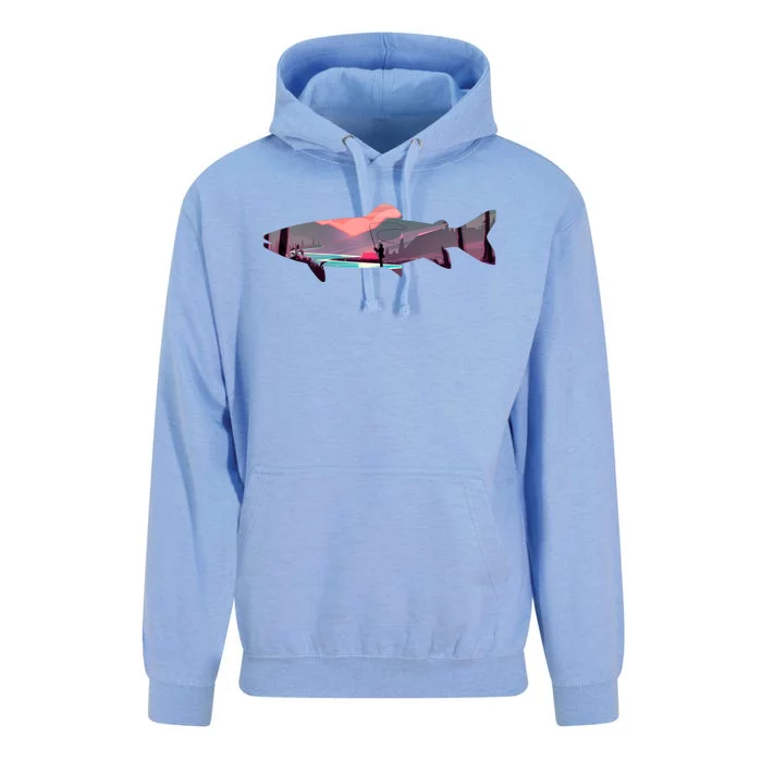 Trout Silhouette Fly Fishing Mountain Sunset River Stream Unisex Surf Hoodie