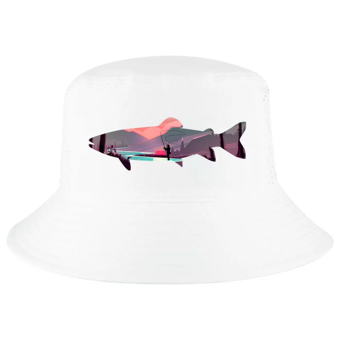 Trout Silhouette Fly Fishing Mountain Sunset River Stream Cool Comfort Performance Bucket Hat