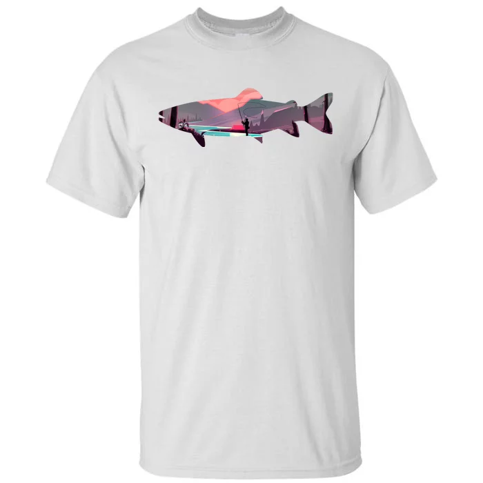 Trout Silhouette Fly Fishing Mountain Sunset River Stream Tall T-Shirt