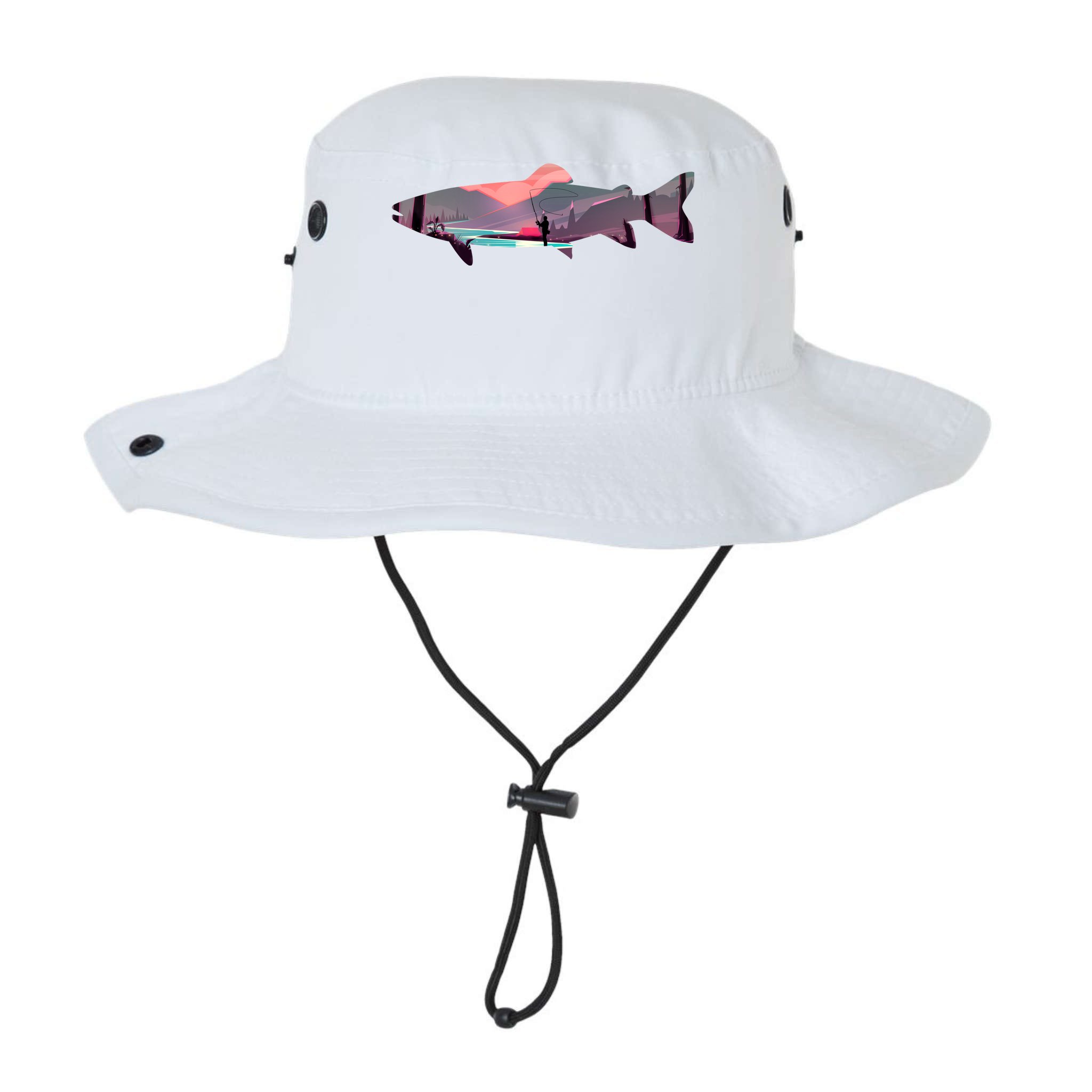 Trout Silhouette Fly Fishing Mountain Sunset River Stream Legacy Cool Fit Booney Bucket Hat
