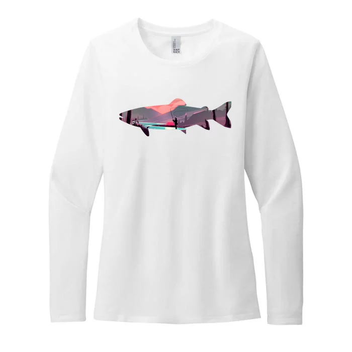 Trout Silhouette Fly Fishing Mountain Sunset River Stream Womens CVC Long Sleeve Shirt