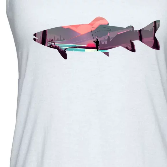 Trout Silhouette Fly Fishing Mountain Sunset River Stream Ladies Essential Flowy Tank