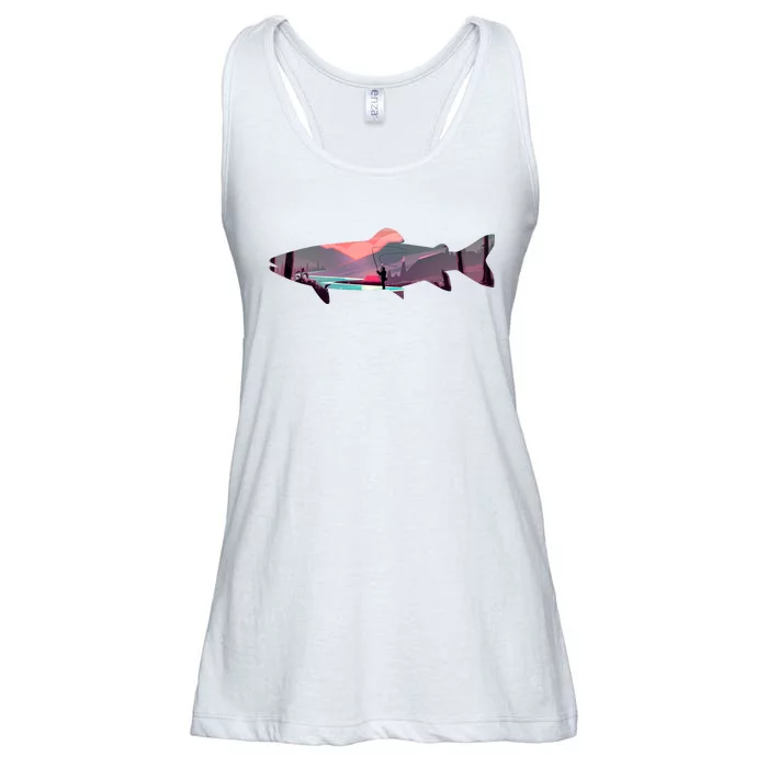 Trout Silhouette Fly Fishing Mountain Sunset River Stream Ladies Essential Flowy Tank