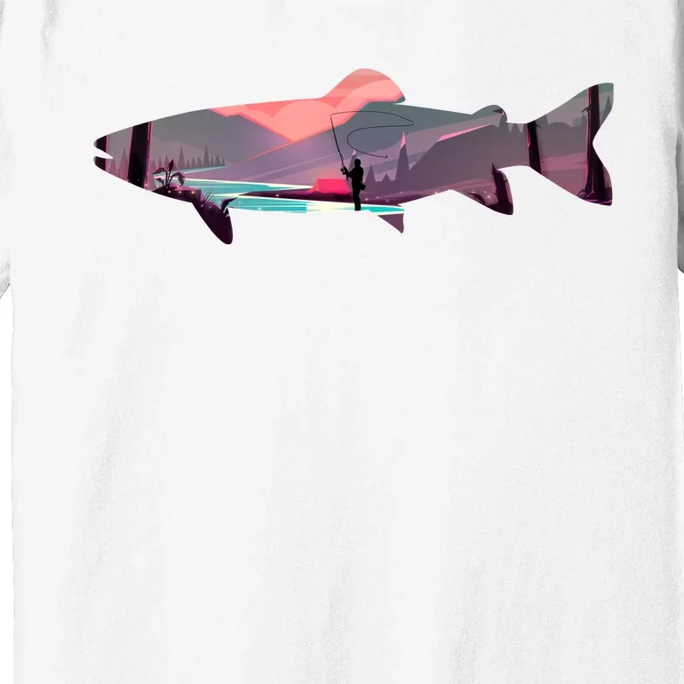 Trout Silhouette Fly Fishing Mountain Sunset River Stream Premium T-Shirt