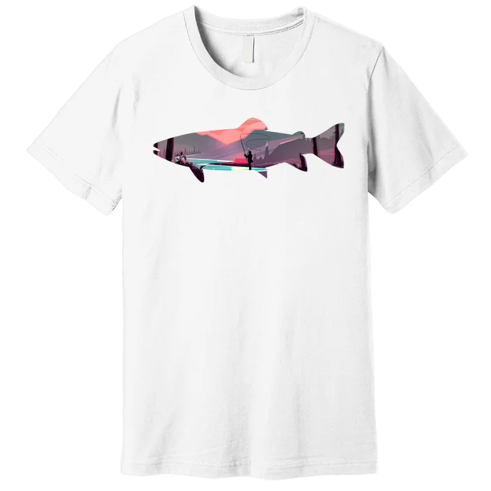 Trout Silhouette Fly Fishing Mountain Sunset River Stream Premium T-Shirt